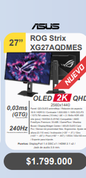 Monitor Gaming ASUS ROG Strix 27" OLED XG27AQDMES 2K QHD 240Hz 0.03ms - ZonaTech — foto 2